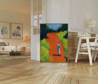 Poster con golfista che colpisce su campo vibrante