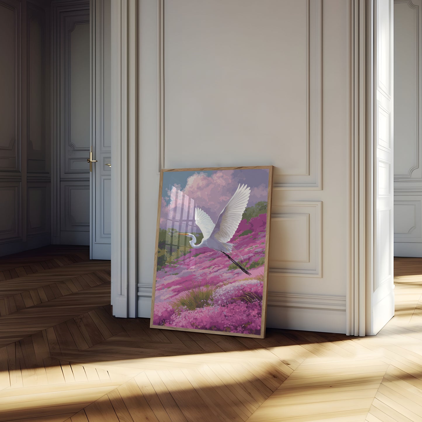 White Heron in Flowering Meadow Poster