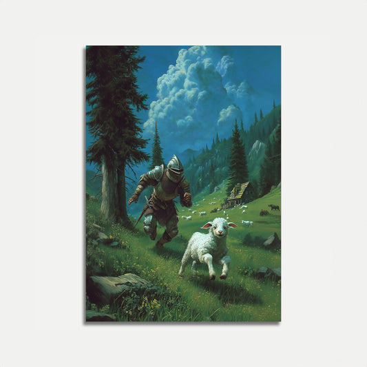 Armored Knight and Playful Lamb Poster