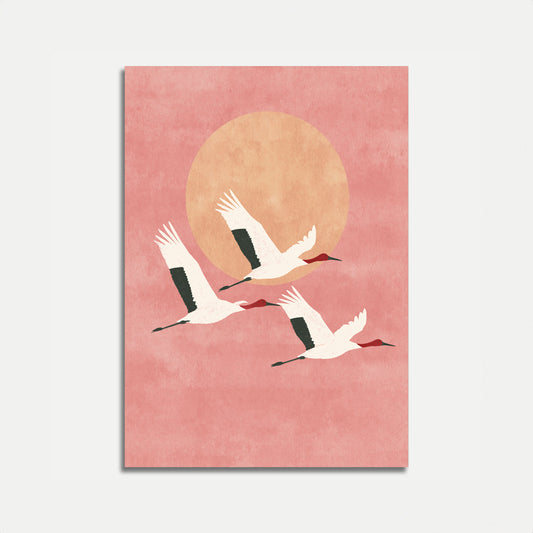 Affiches Grues en vol devant lune dorée