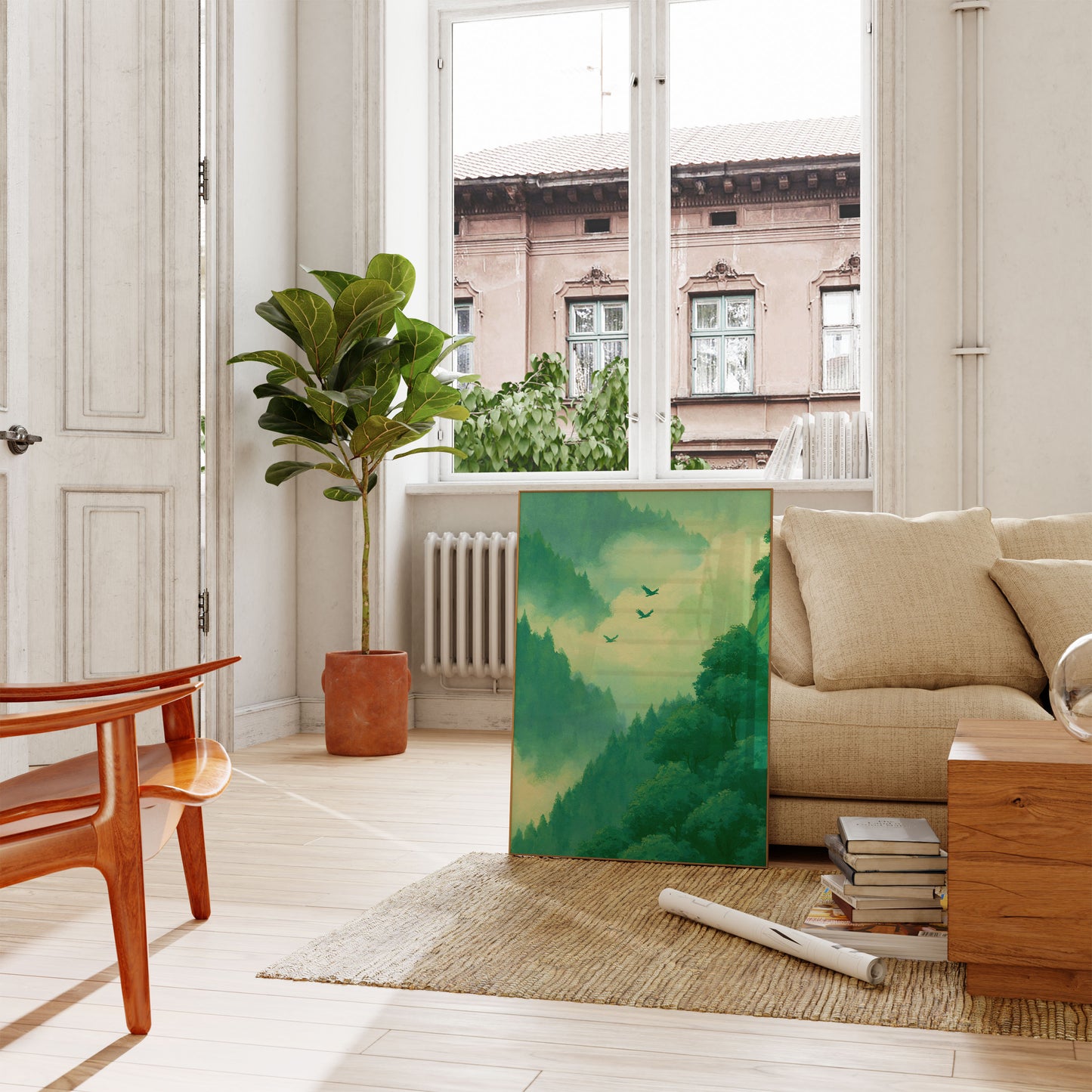 Birds Flying Through Forest Canyon Poster