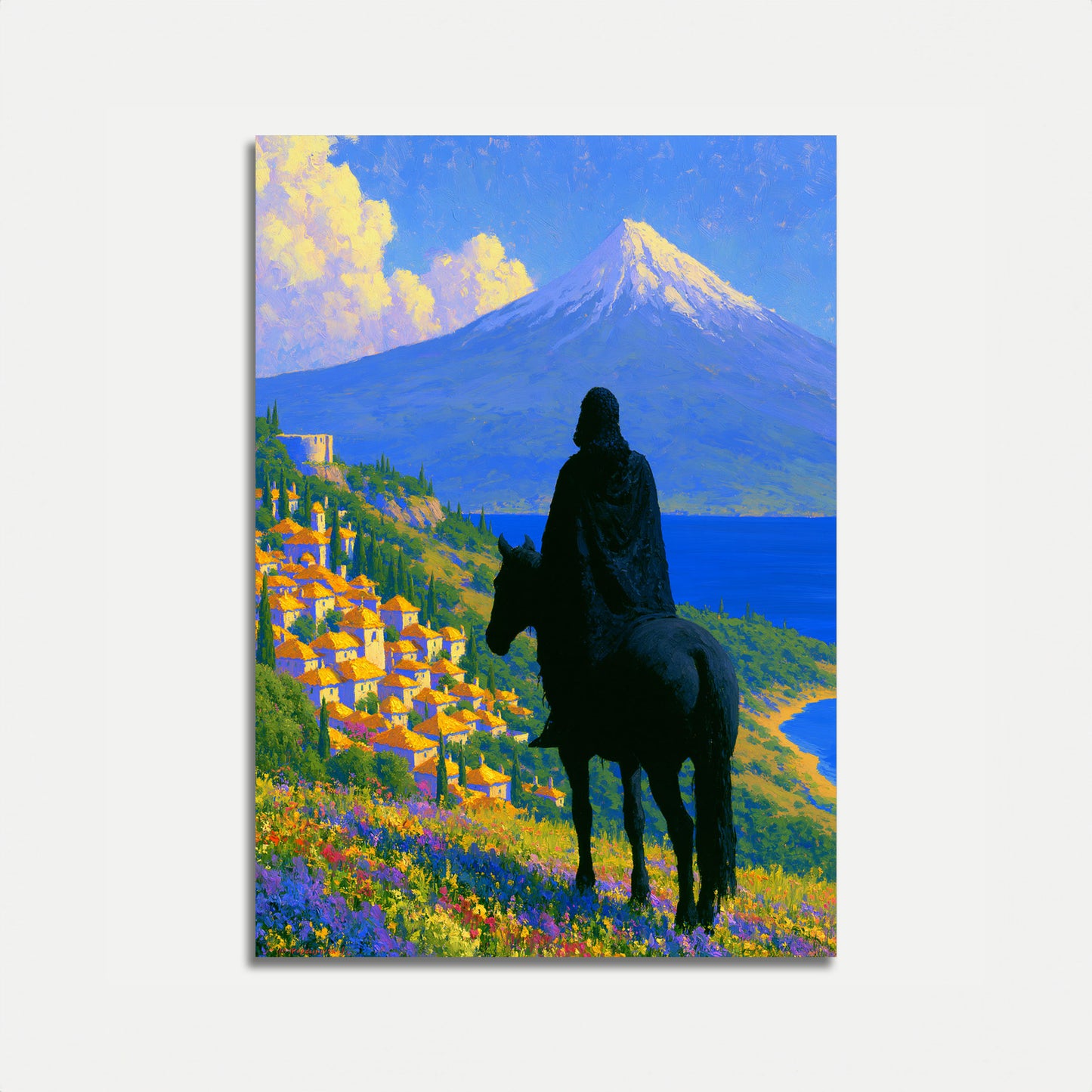 Póster de Jinete con vistas al Monte Fuji