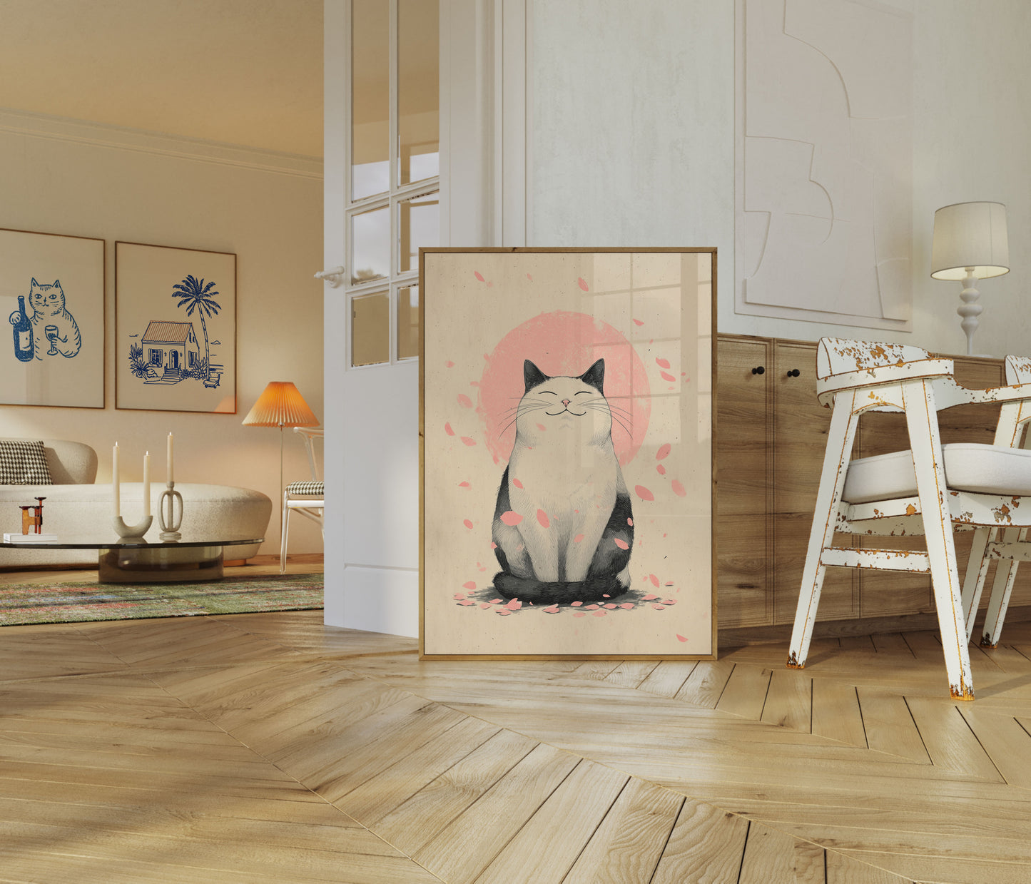 Smiling Cat with Cherry Blossoms Poster
