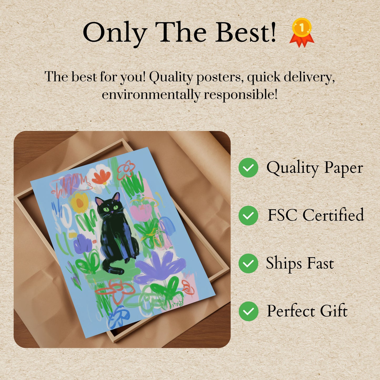 Black Cat in Flower Garden Poster
