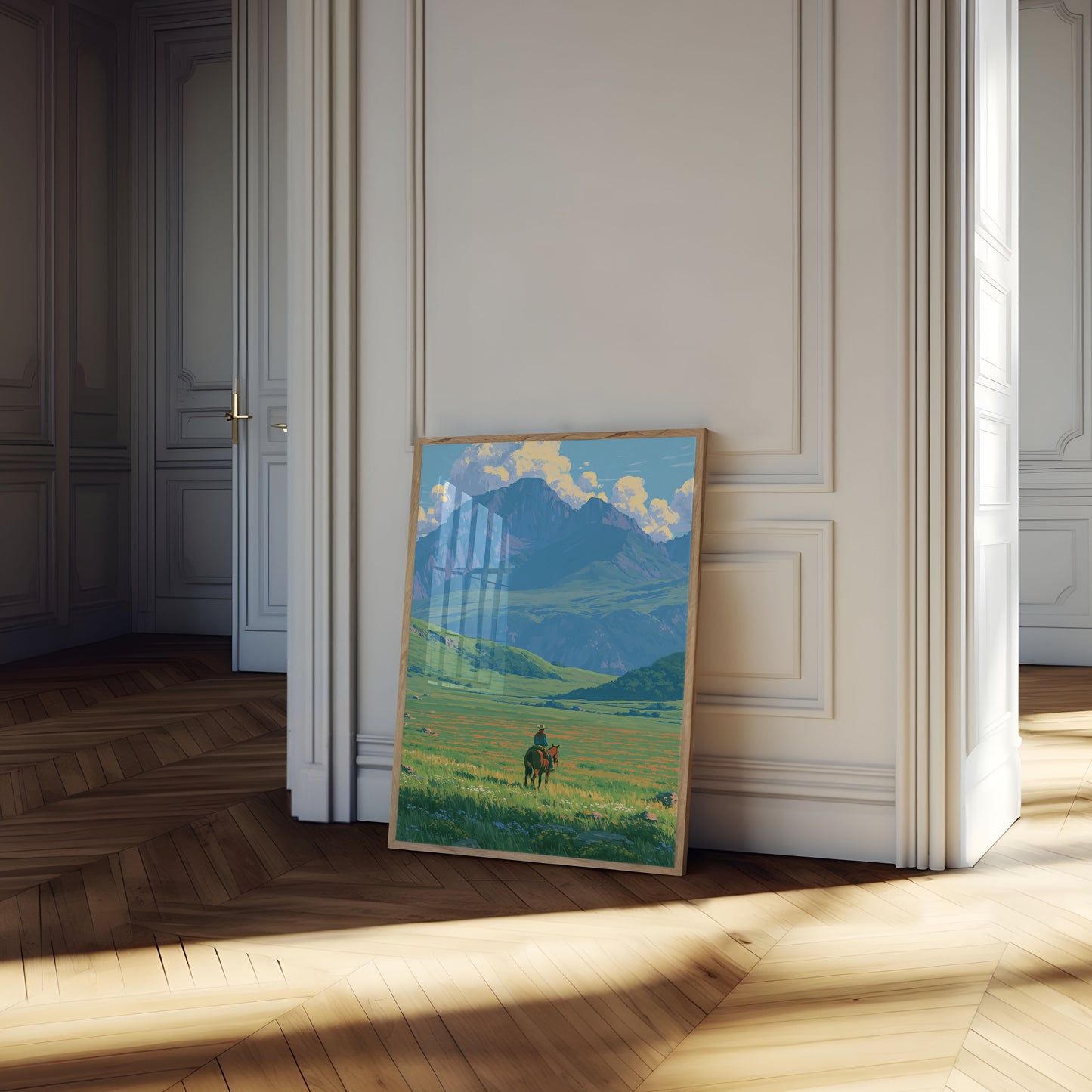 Cowboy Horseback Mountain Valley Poster