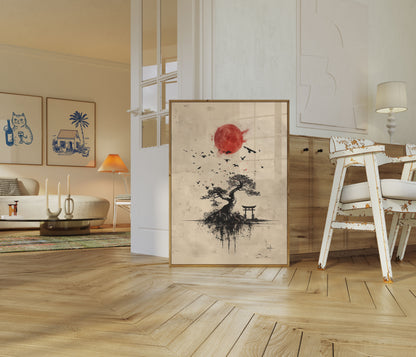 Póster japonés Amanecer de bonsái zen