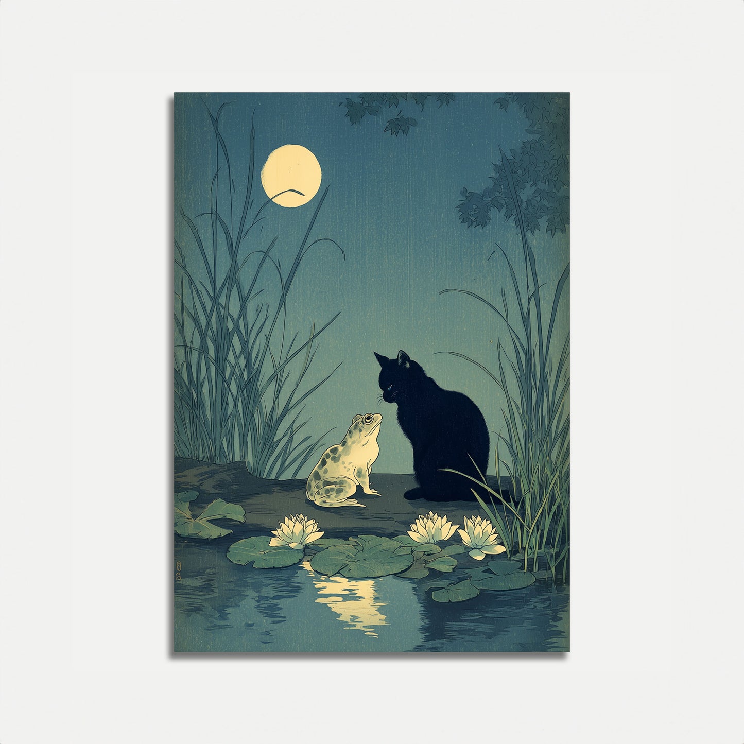 Moonlit Cat and Frog Poster