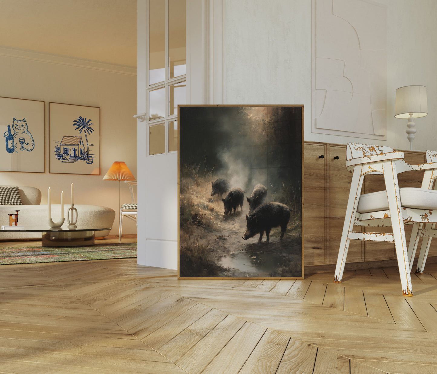 Wild Boars in Misty Forest Poster