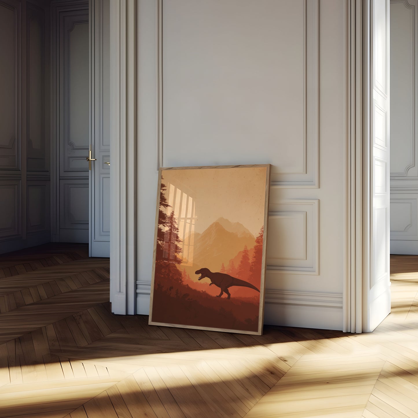 Póster de puesta de sol en la montaña prehistórica