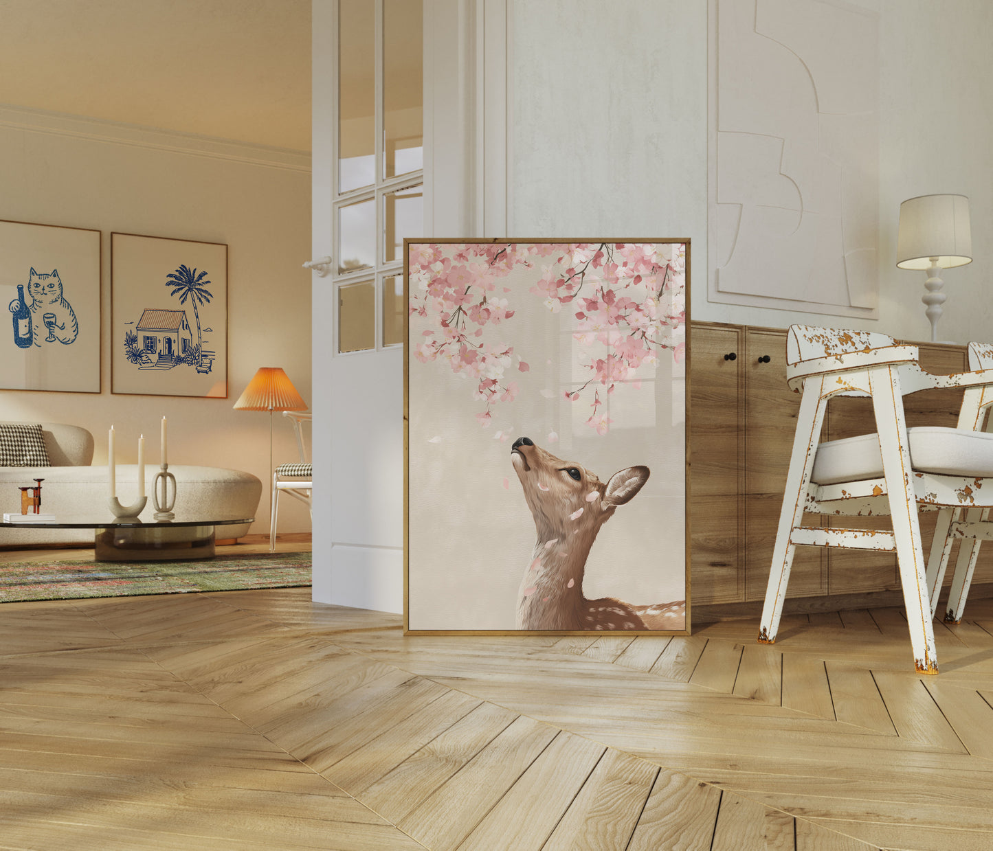 Deer Reaching for Cherry Blossoms Poster