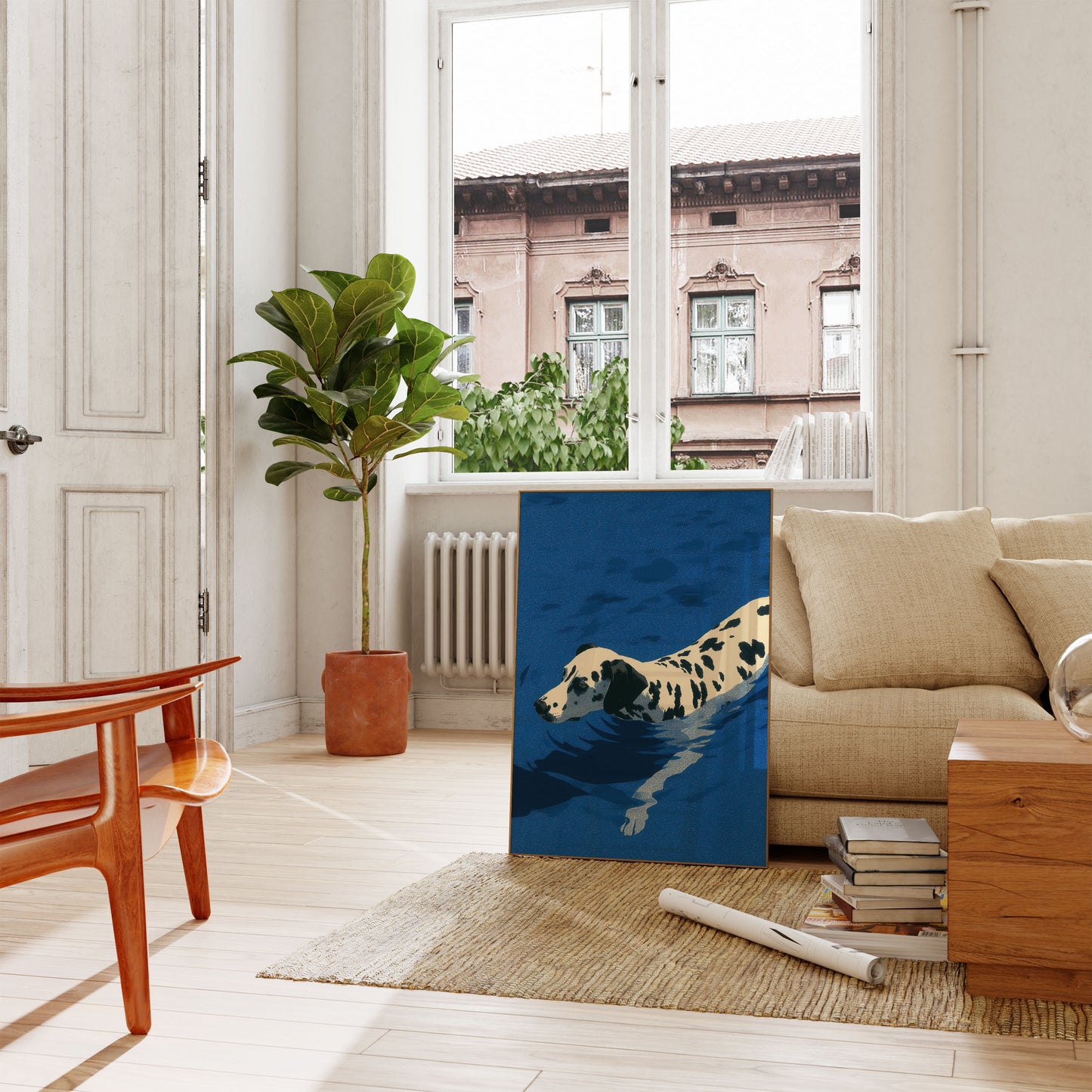 Póster azul de dálmata nadando