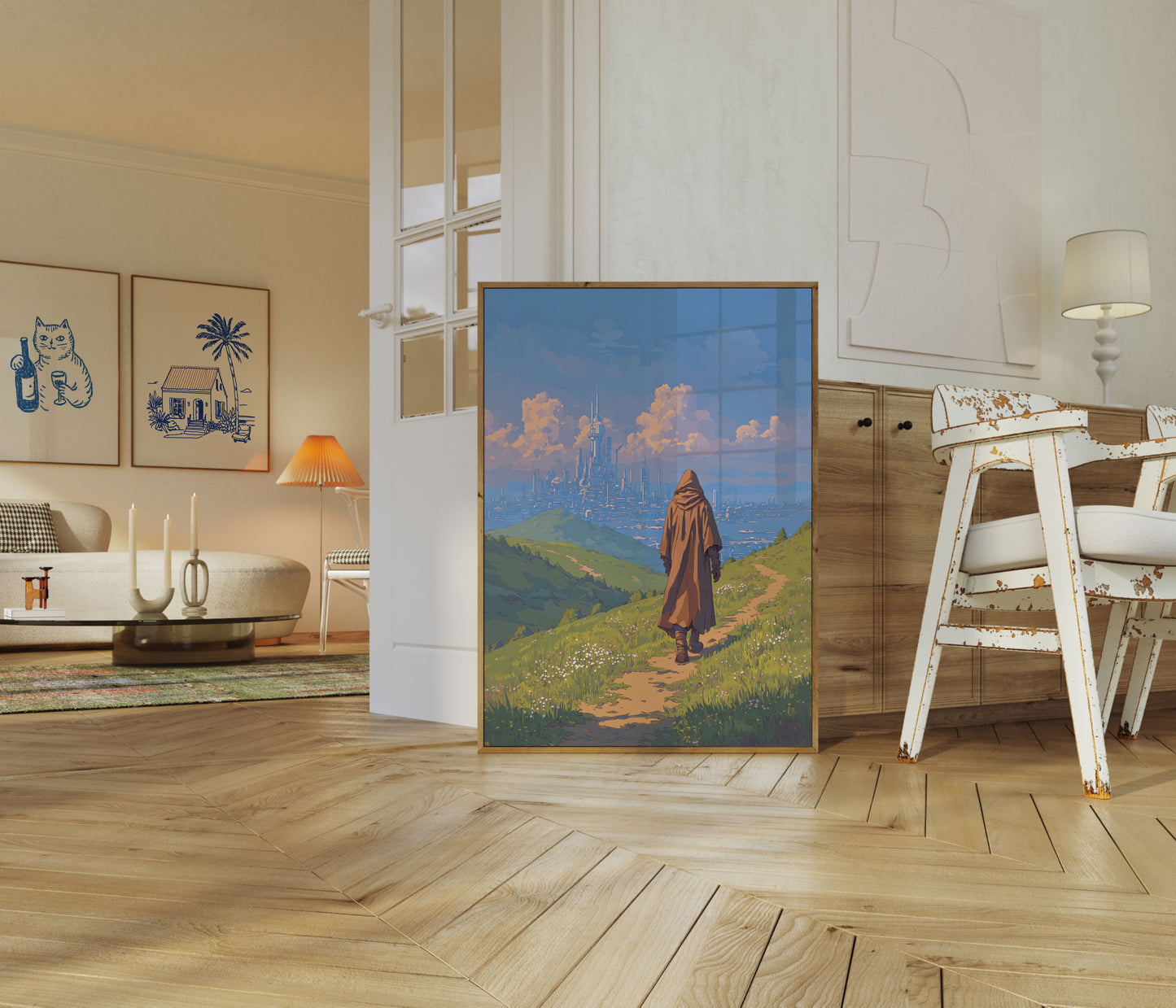 Traveler Gazing at Futuristic City Poster