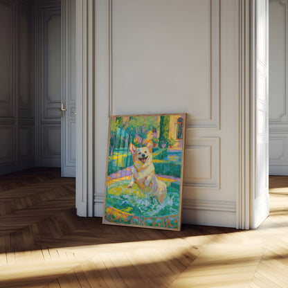Happy Corgi in Vibrant Garden Poster