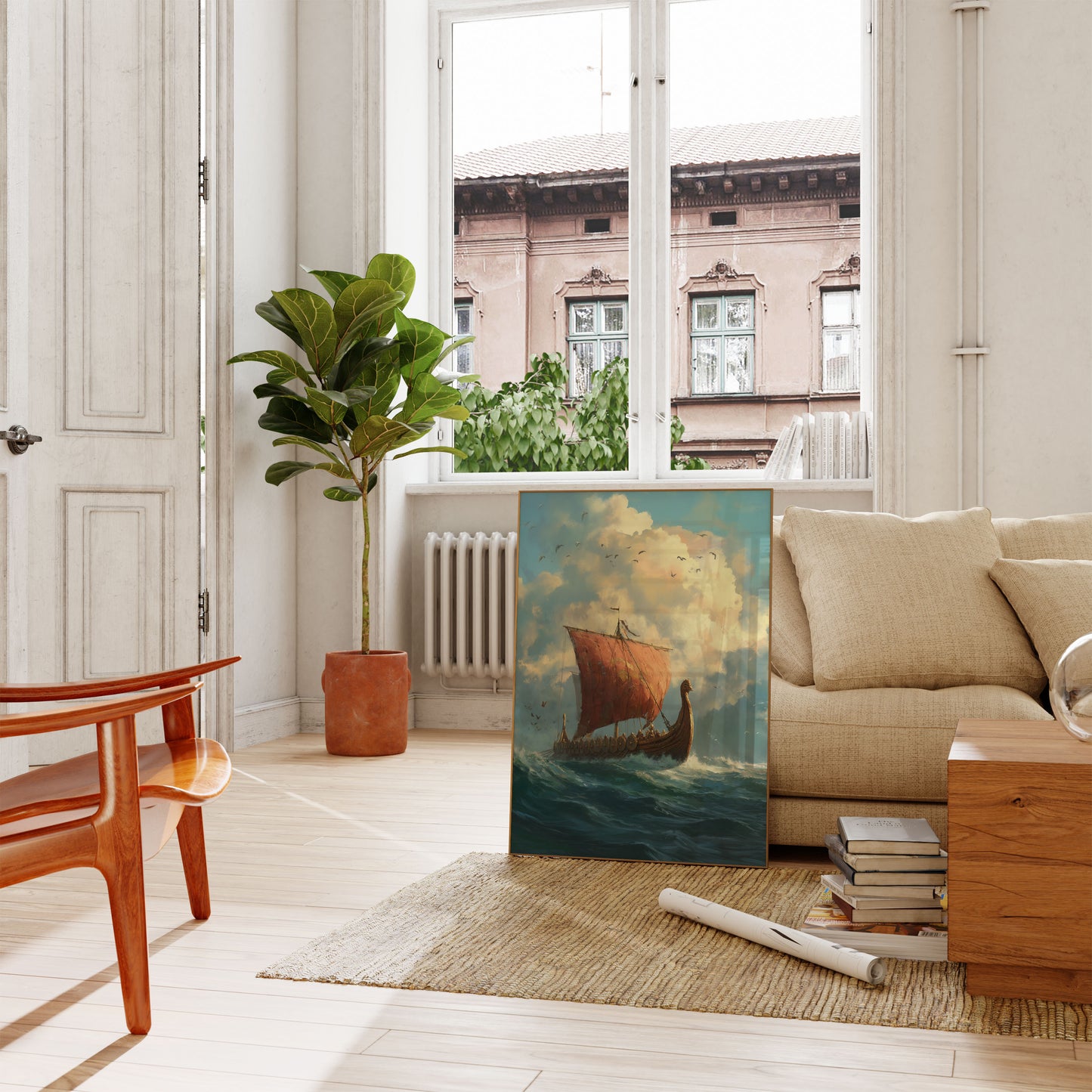 Póster de viaje oceánico en barco vikingo