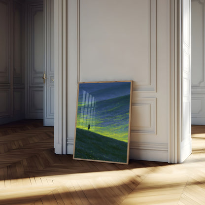 Plakat: Einsamer Wanderer unter glühendem Himmel