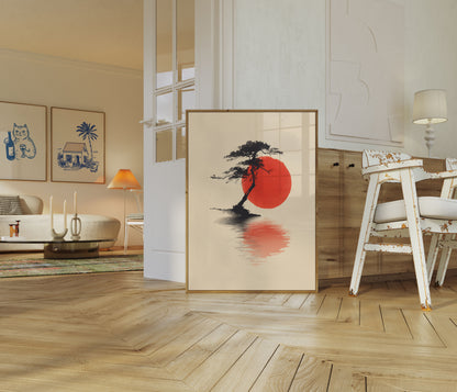 Bonsai Tree and Red Sun Poster