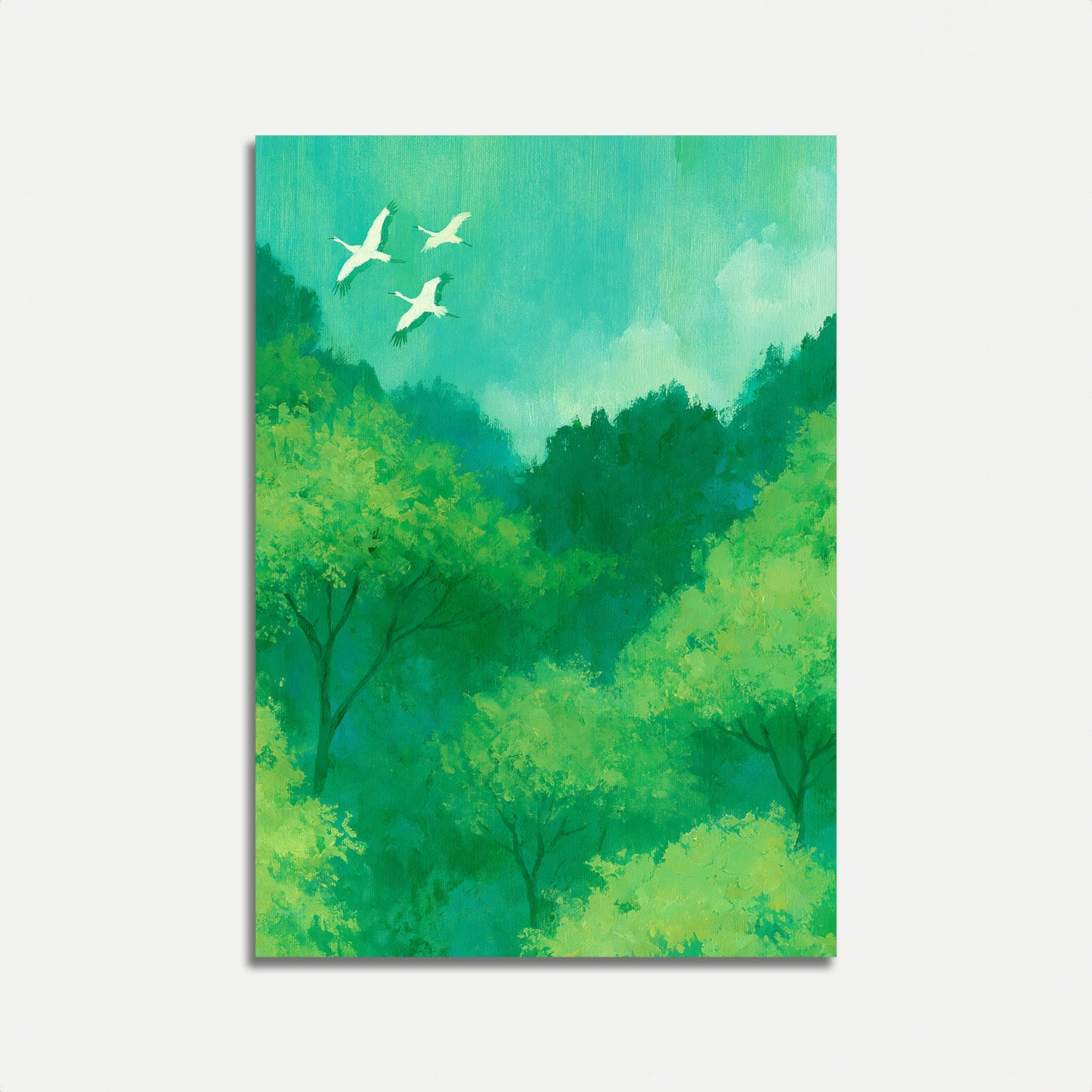 Vögel fliegen über Wald Poster