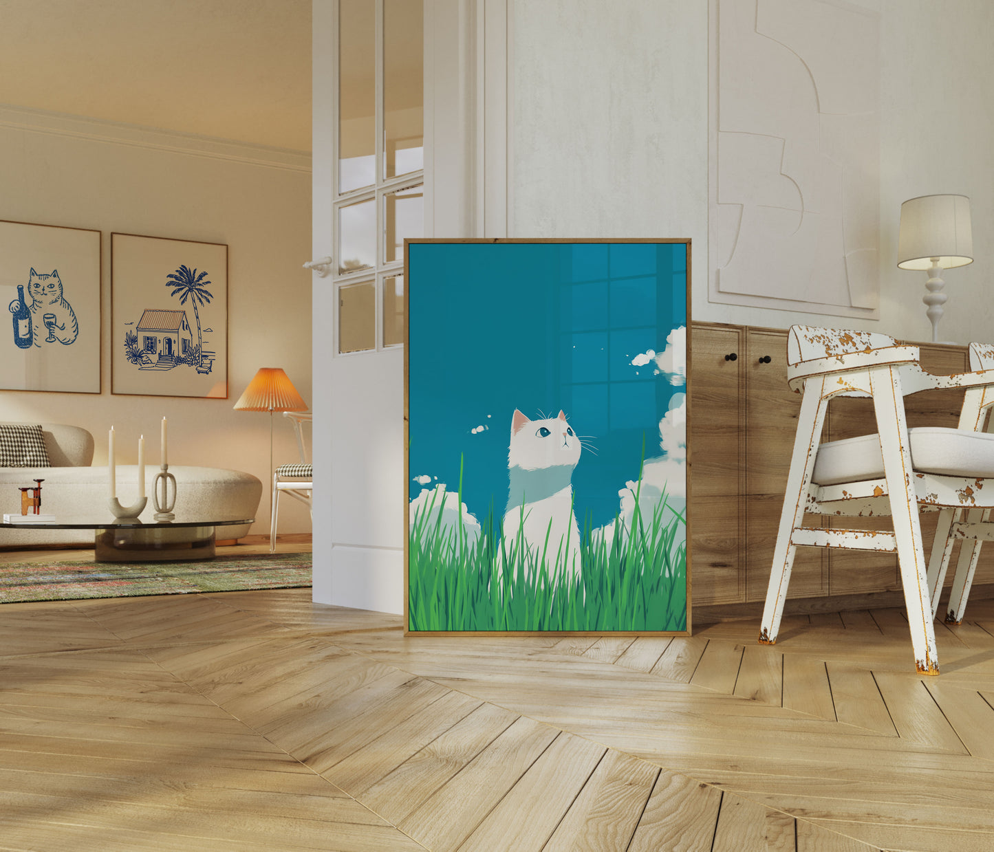 Póster de gato blanco curioso