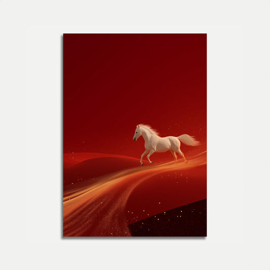 White Stallion on Red Horizon Poster