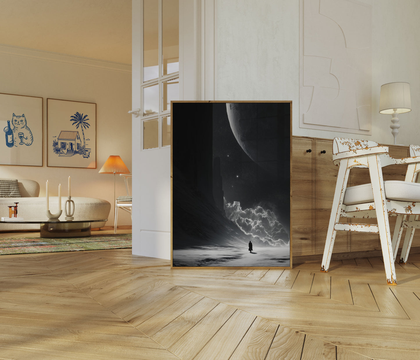 Affiche Figure Solitaire Sous une Lune Étrangère