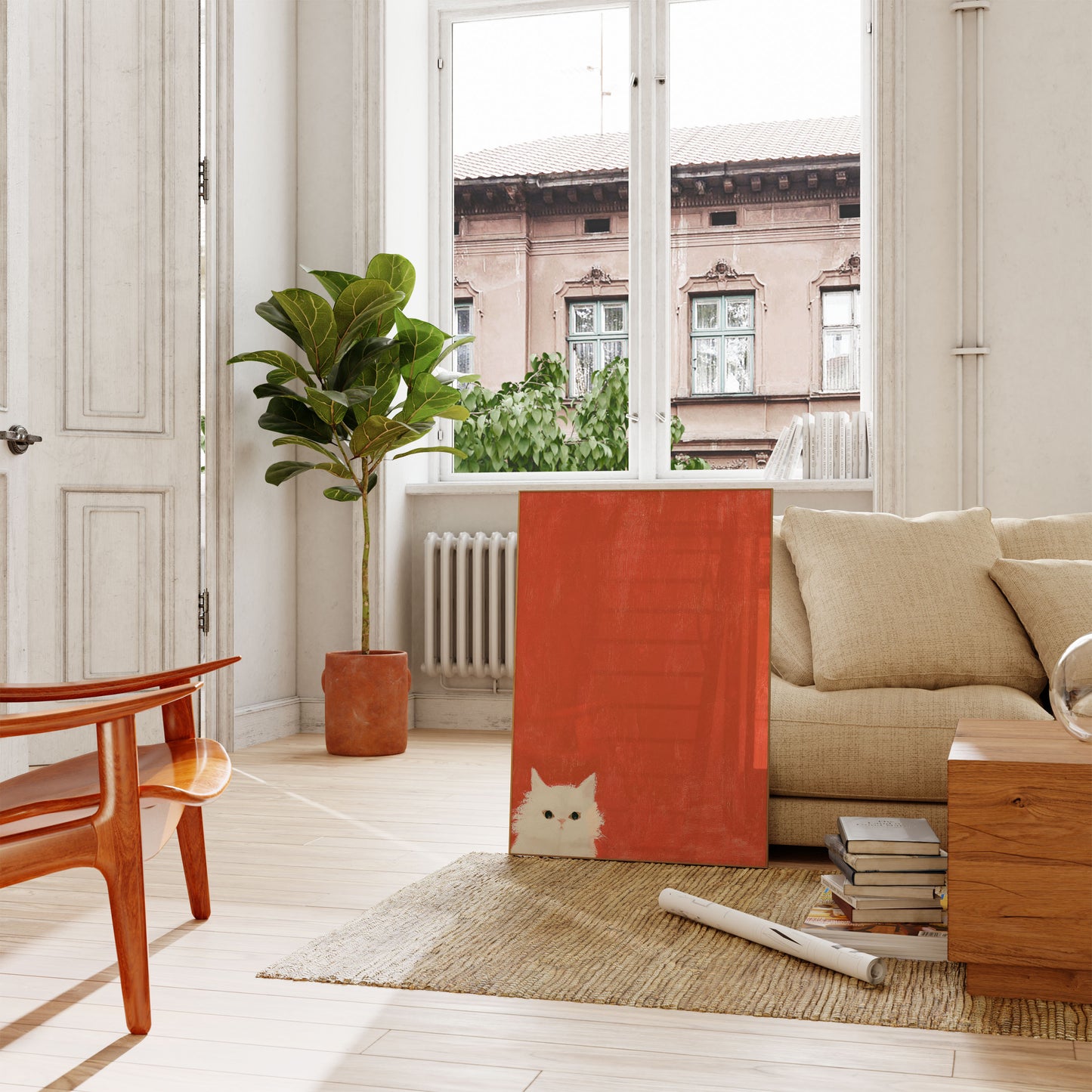 Poster Gatto Bianco Sfondo Rosso