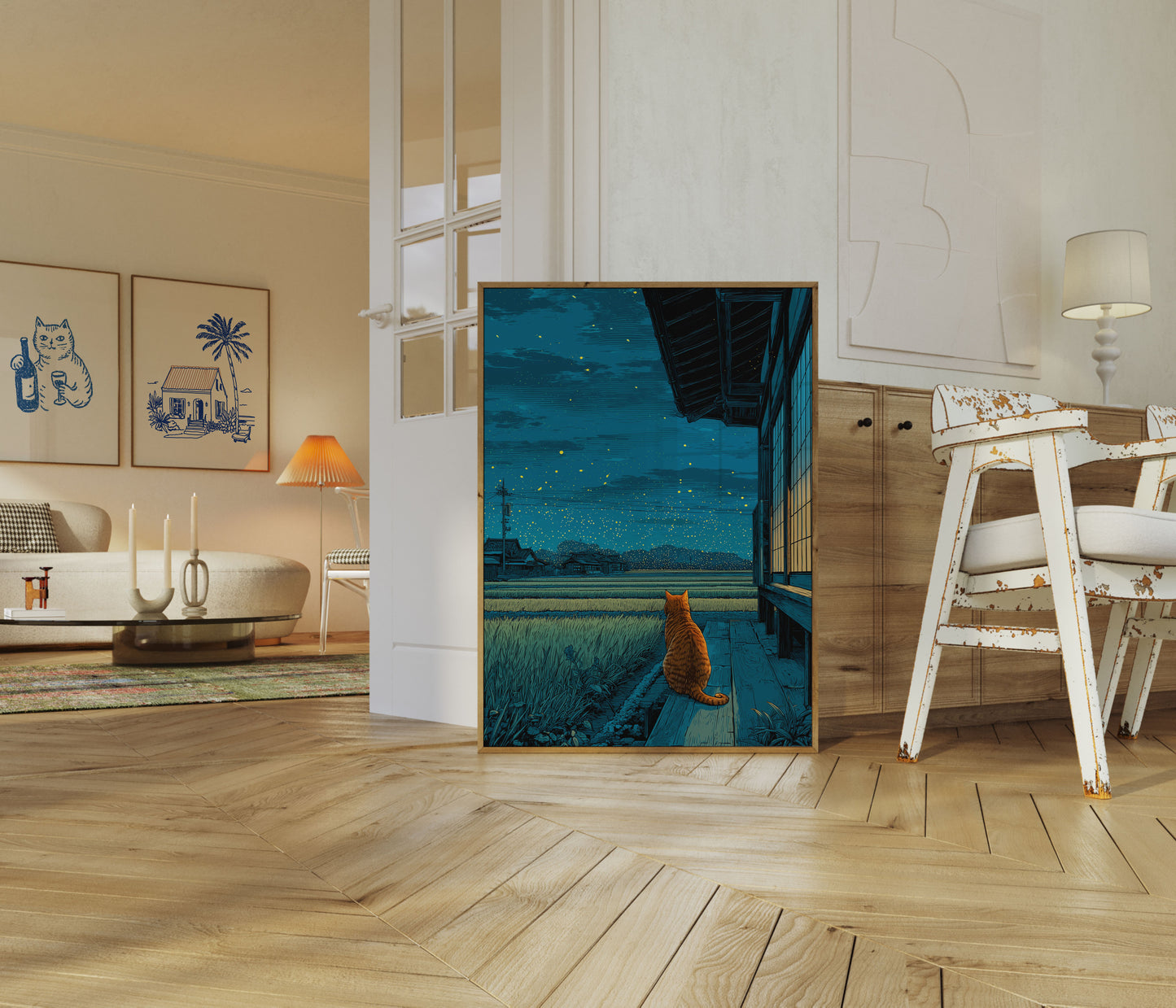 Orange Cat Starry Night Poster
