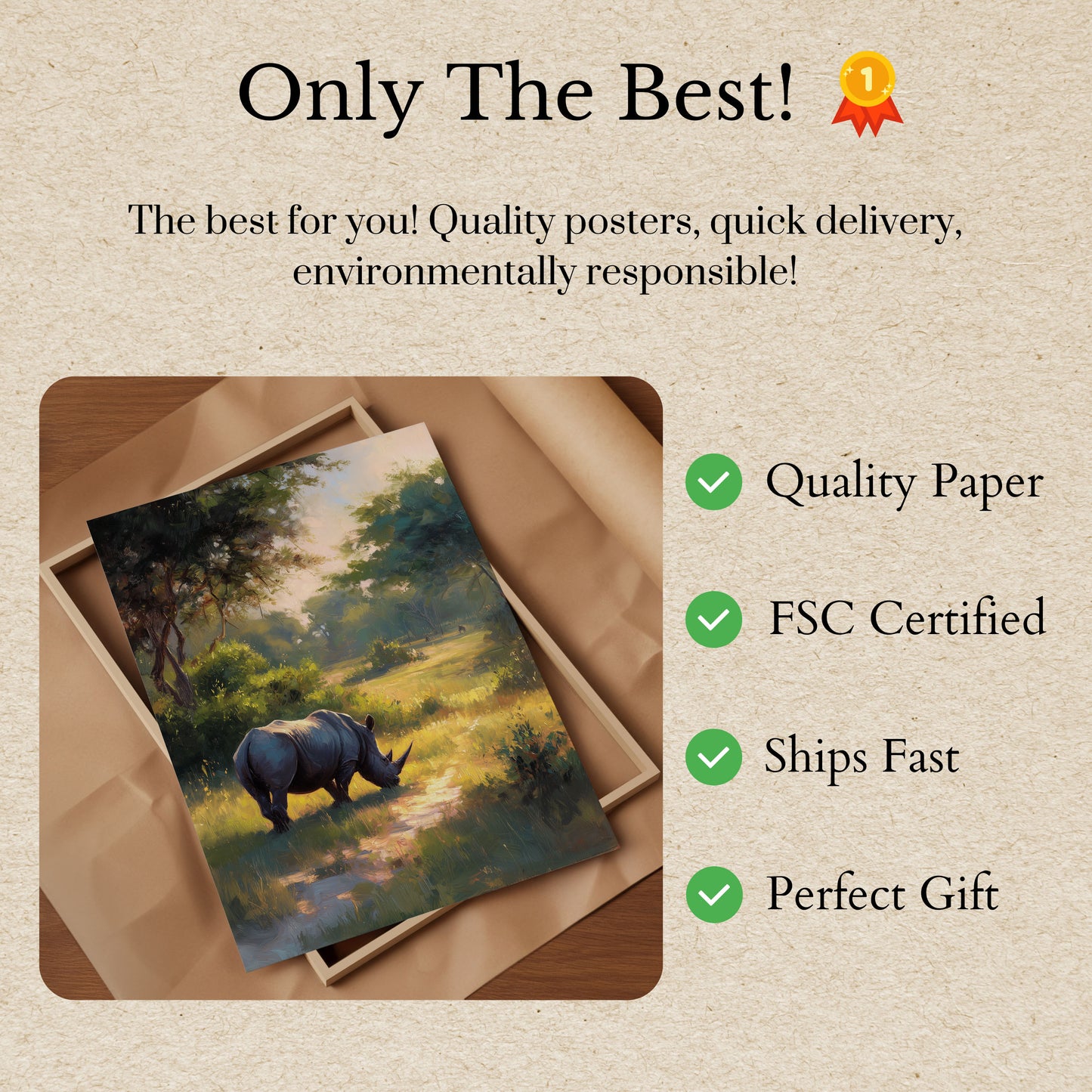 Serene Rhino in Sunlit Meadow Poster