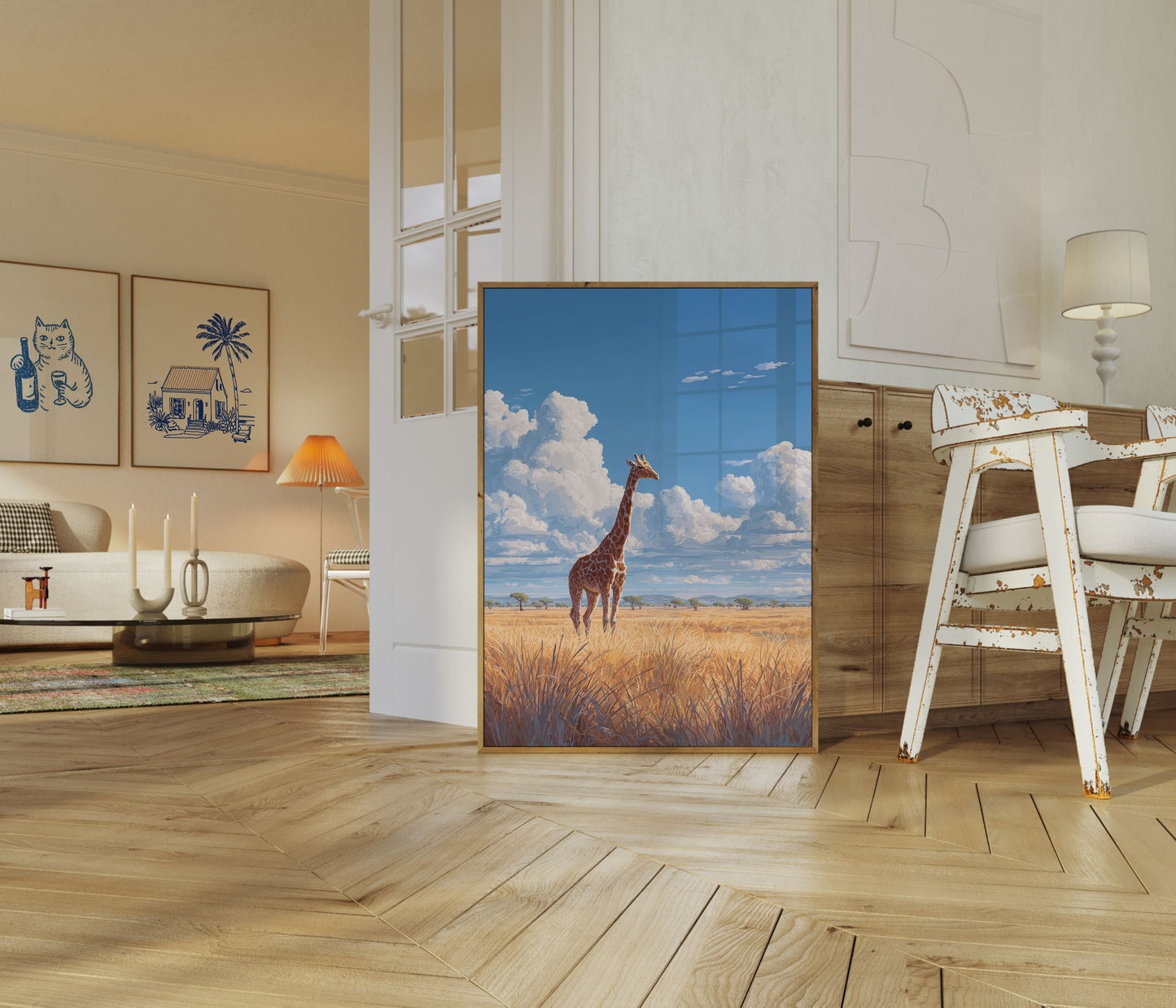 Póster de jirafa solitaria en la sabana