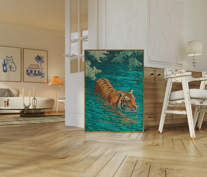 Poster della Tigre che Nuota in Acqua Turchese