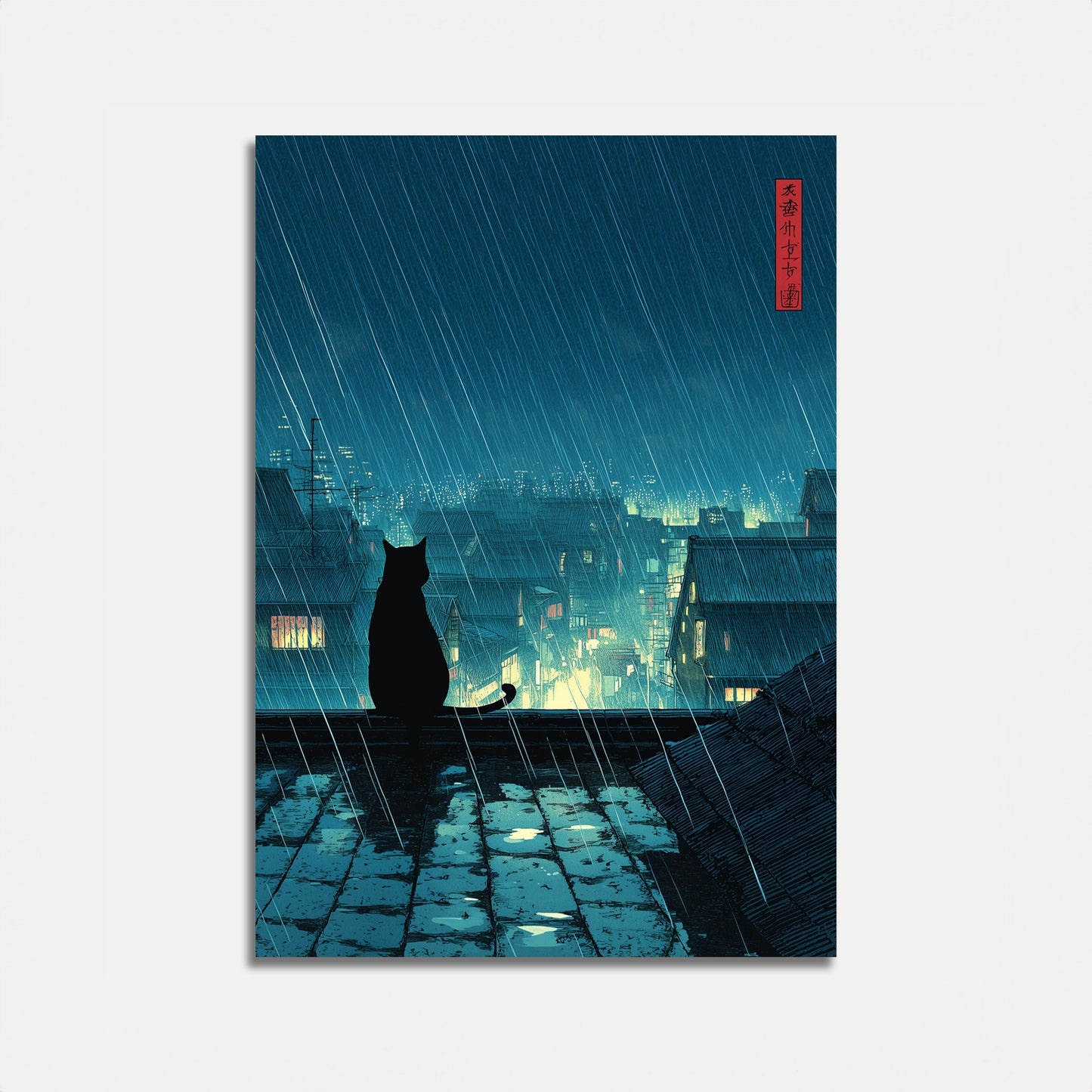 Póster de Azotea de Ciudad en Noche Lluviosa