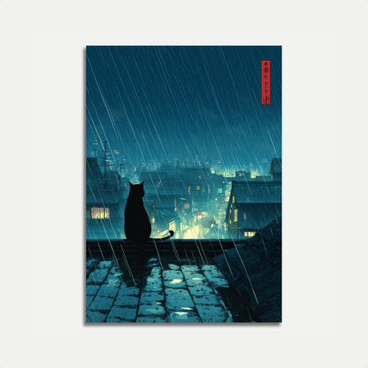Póster de Azotea de Ciudad en Noche Lluviosa