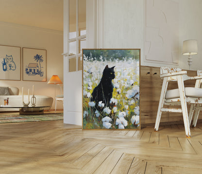 Black Cat in Cotton Field Poster