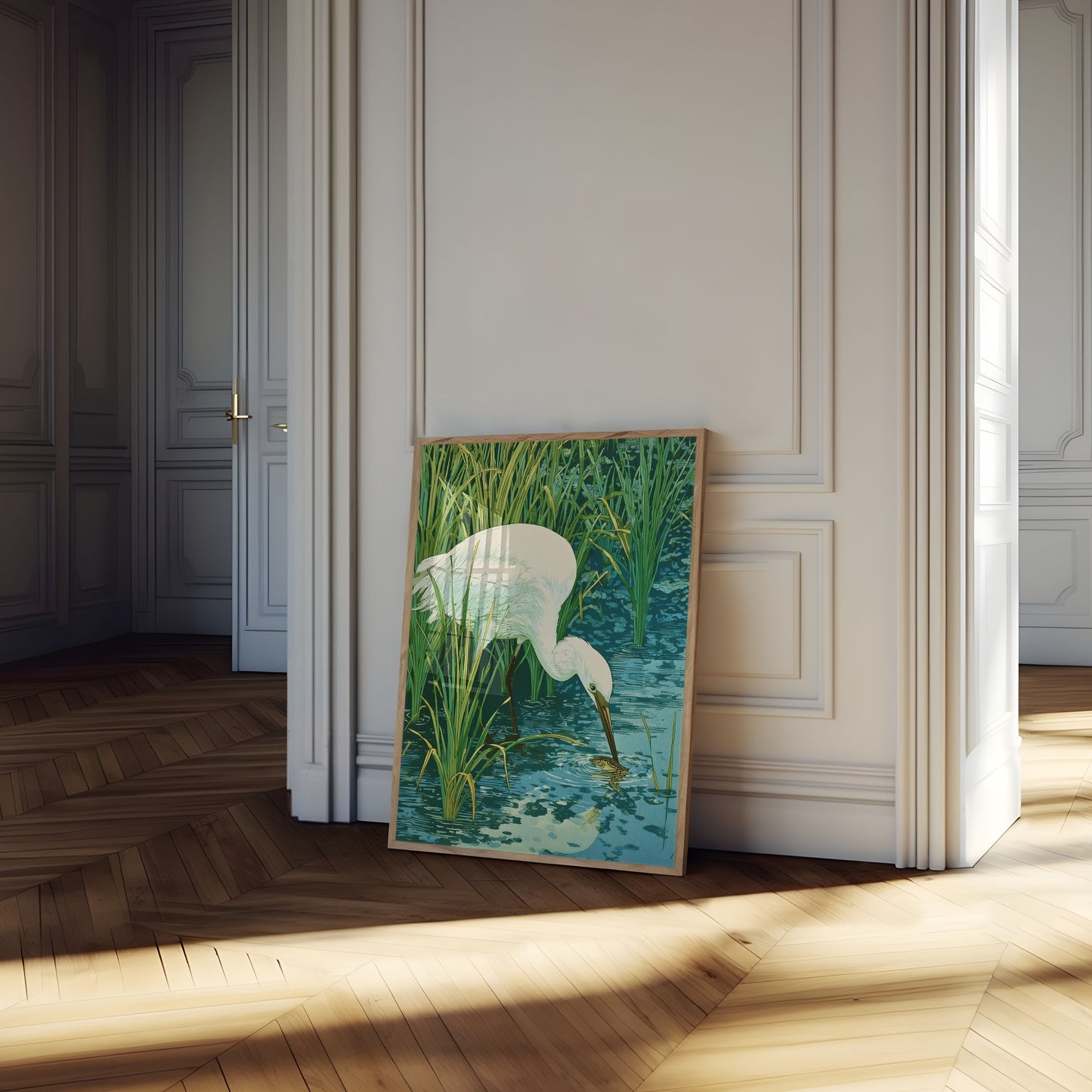 White Egret Fishing in Wetlands Poster