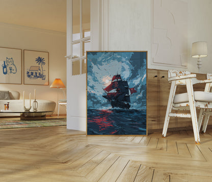 Crimson Skull Pirate Ship Poster