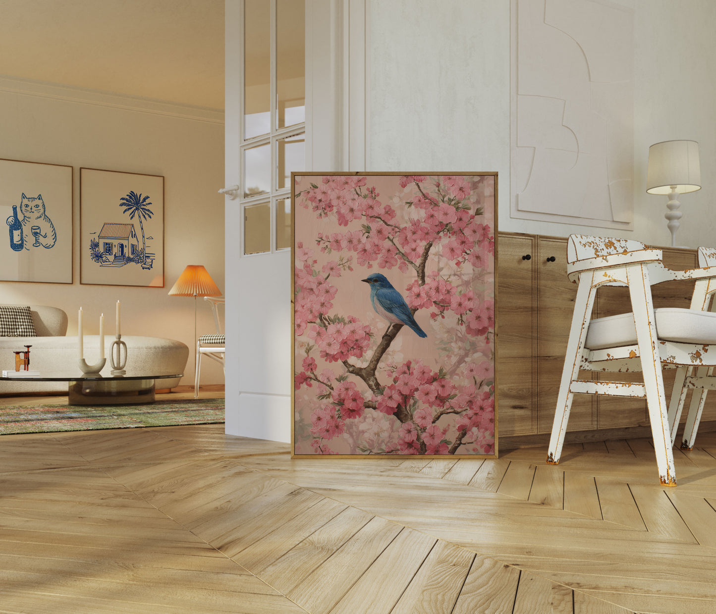 Póster de Pájaro Azul y Flor de Cerezo