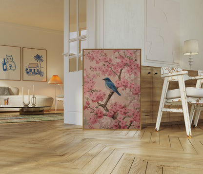 Póster de Pájaro Azul y Flor de Cerezo