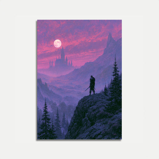 Warrior Gazing at Fantasy Castle Poster