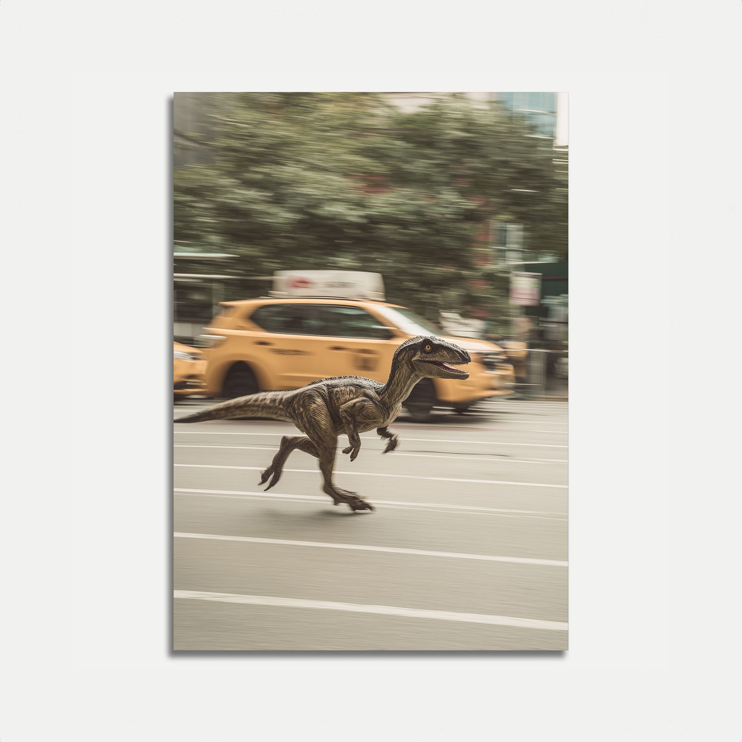 Póster de carreras de dinosaurios en las calles de la ciudad