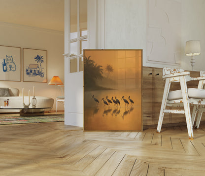Storks in Golden Sunrise Poster