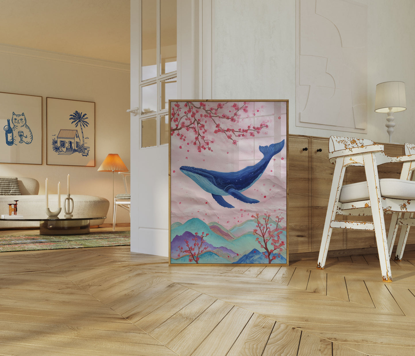 Plakat z Niebieskim Wielorybem i Kwiatem Wiśni