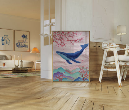 Plakat z Niebieskim Wielorybem i Kwiatem Wiśni