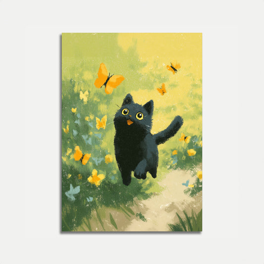 Playful Black Cat Butterfly Poster