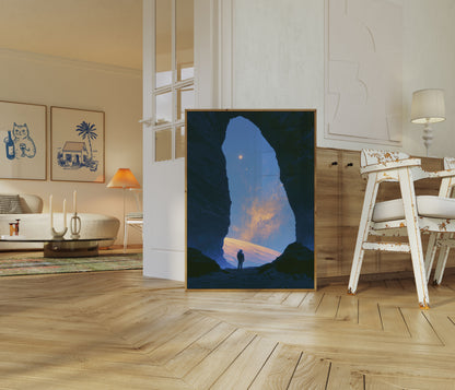 Cave Explorer Under Starry Sky Poster