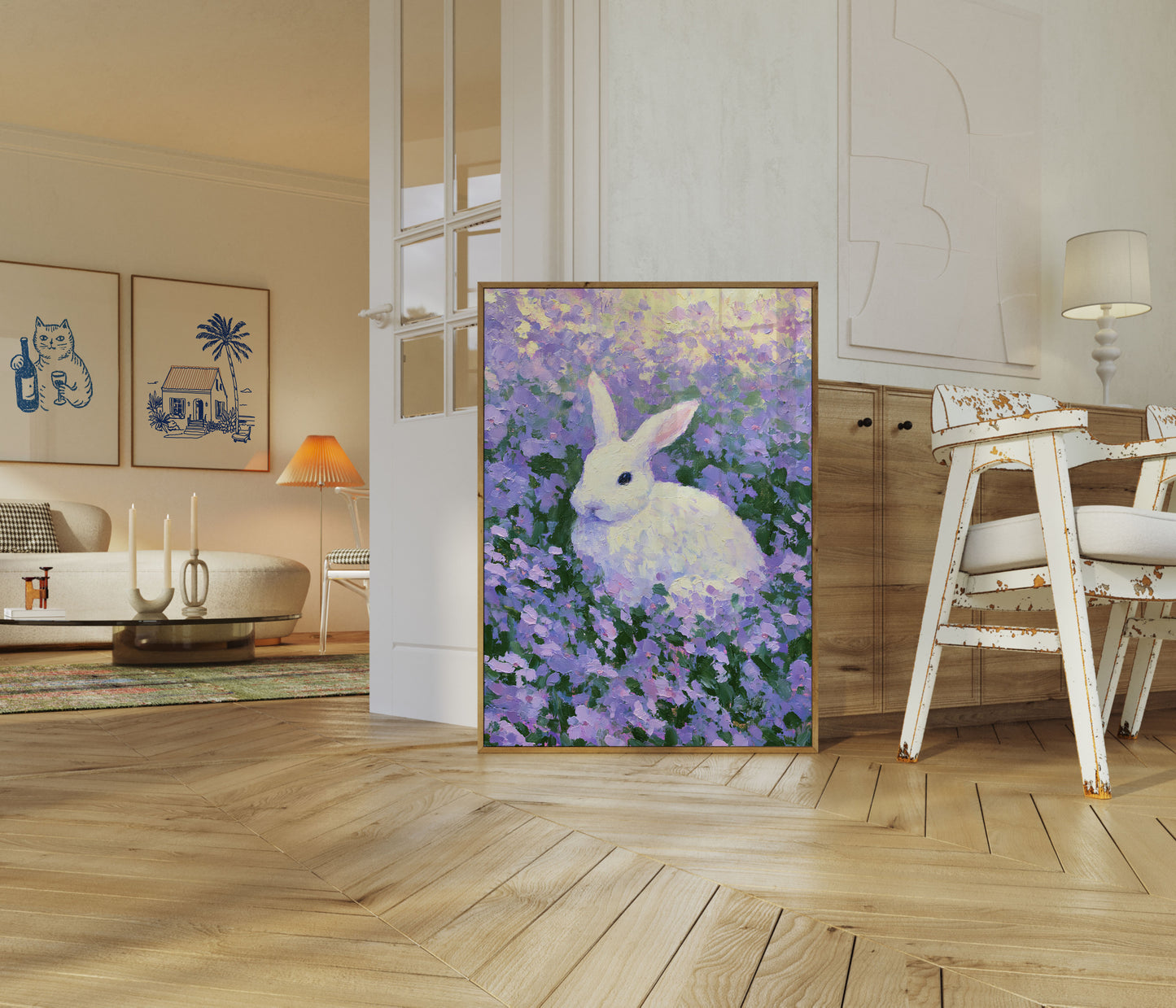 Hvid Kanin på Lavendelmark Plakat