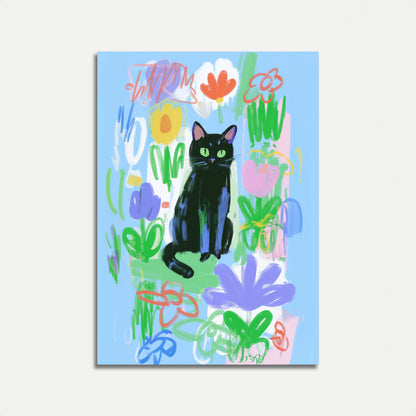 Black Cat in Flower Garden Poster