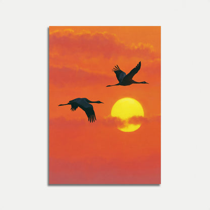 Affiches : Grues Volant Au Coucher Du Soleil