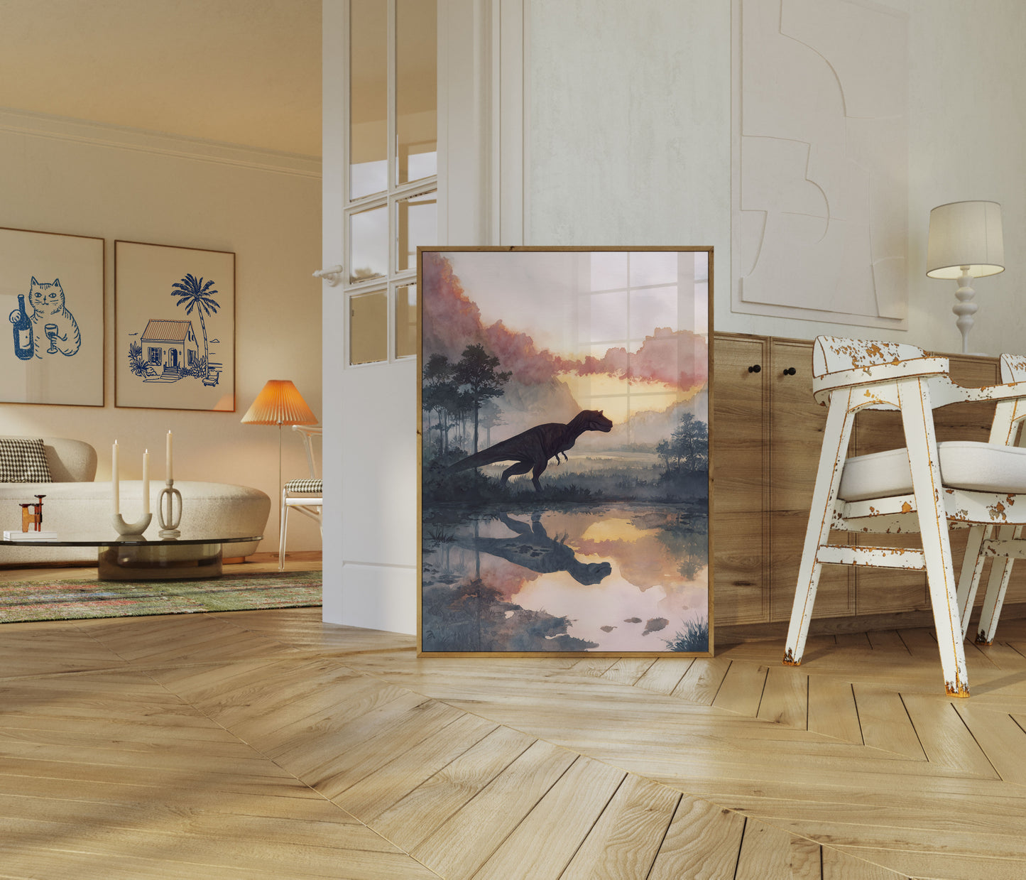 Póster de dinosaurio prehistórico al atardecer