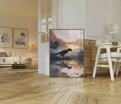 Póster de dinosaurio prehistórico al atardecer