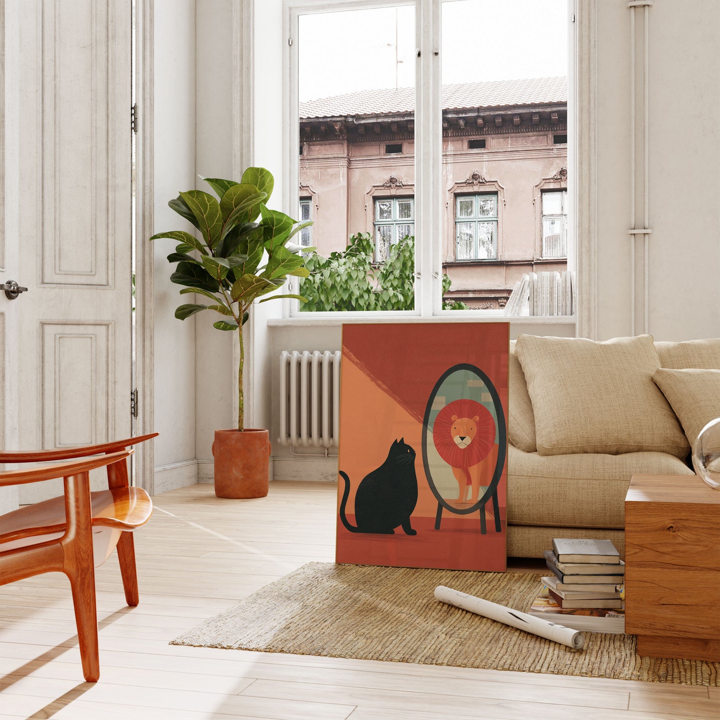 Cat Sees Lion in Mirror Poster