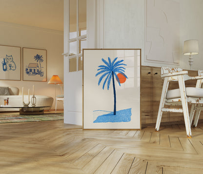 Blue Palm Sunset Surfing Poster